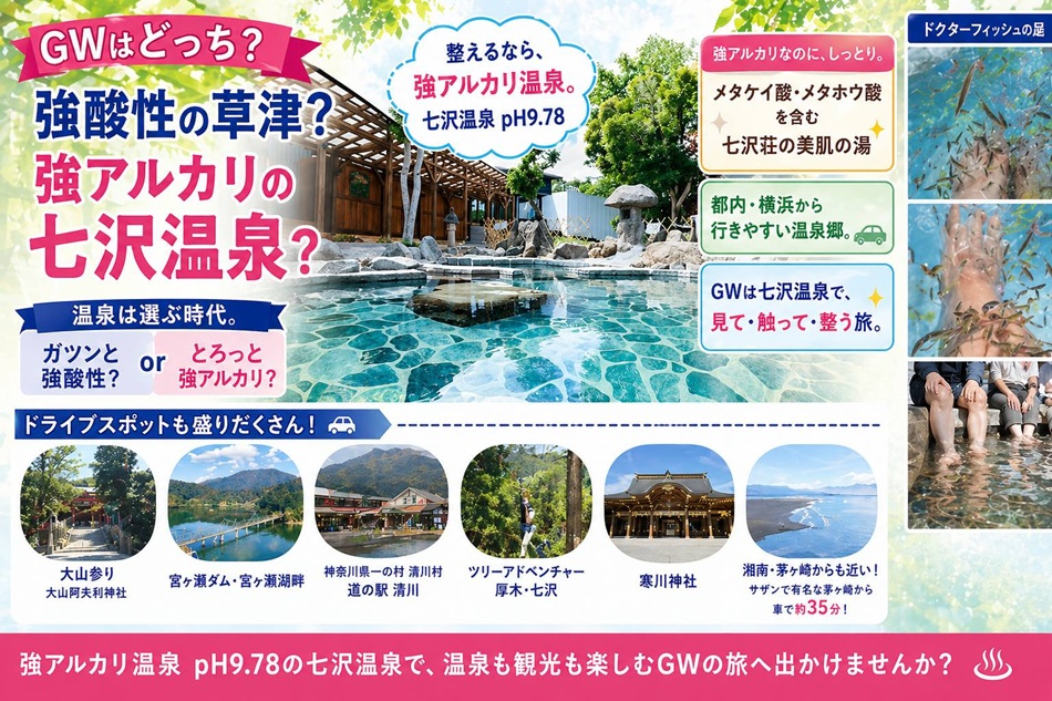 GWは強酸性の草津？強アルカリの七沢温泉？ どちらに行く？温泉は選ぶ時代