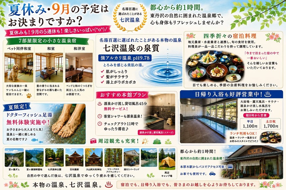 さあ～夏休みまであと少し・・・旅行の計画は済んでますか？？七沢温泉がオススメ♨