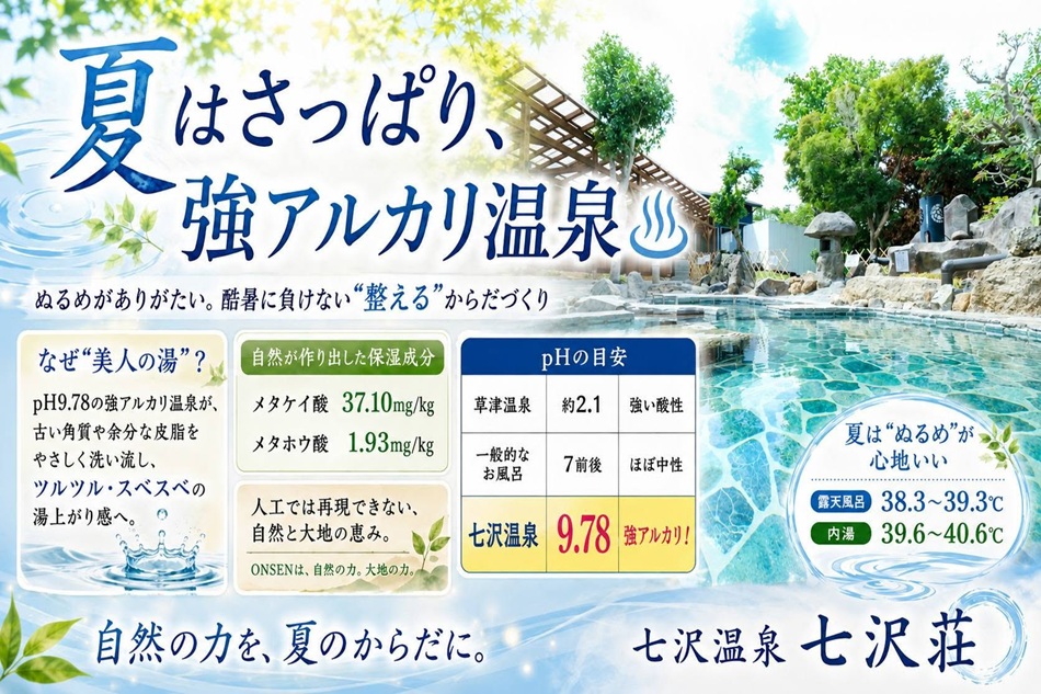 夏はさっぱり、強アルカリ温泉 酷暑に負けない「整える」からだづくり♨
